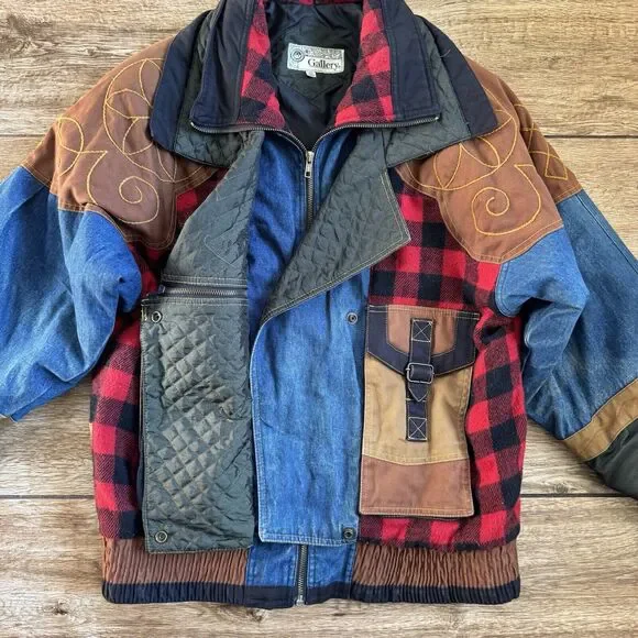 Patchwork Jacket XS Plaid Denim Pockets Cowboy Western Vintage - Picture 8 of 15